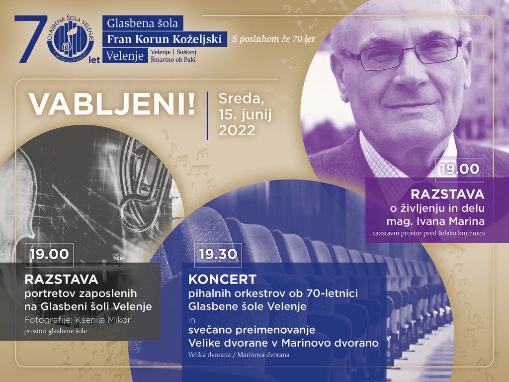 70 let Glasbene šole Velenje - otvoritev razstav in slavnostni koncert - sreda, 15. junij 2022